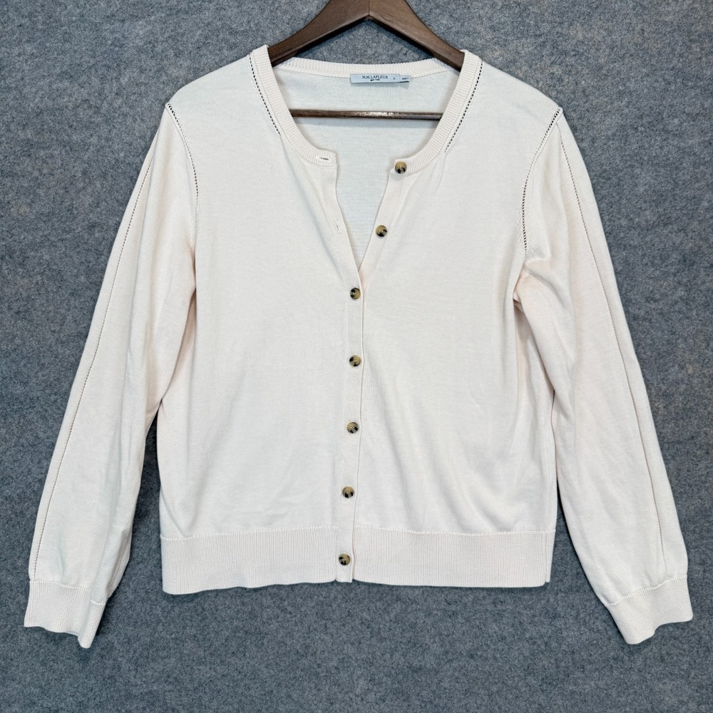 MM LaFleur Mel Pointelle Cardigan Sweater Womens Large Cotton Silk Cream Knit